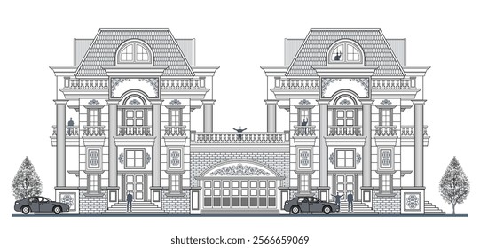 Facade of 3 storeys symmetrical modern classic house with 5 doors, 10 windows, 8 columns, balustrade, garage, frames, decoration, stairs, crowns, canopy, trapezoidal roof and its elements design.