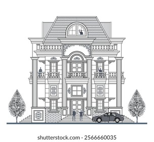 Facade of 3 storeys symmetrical modern classic house with 2 doors, 5 windows, 4 columns, balustrade, frames, decoration, stairs, crowns, canopy, trapezoidal roof and its elements design.