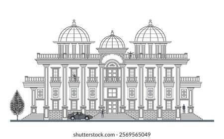 Facade of 3 storeys symmetrical modern classic building with 2 doors, 12 windows, 10 columns, 3 domes, balustrade, frames, decoration, stairs, crowns, canopy  and its elements design.