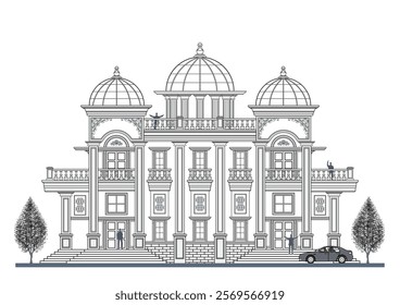 Facade of 3 storeys symmetrical modern classic building with 4 doors, 6 windows, 8 columns, 3 domes, balustrade, frames, decoration, stairs, crowns, canopy  and its elements design.