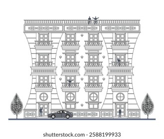 Facade of 4 storey symmetrical classical  building with 14 doors, 2 windows, frames, balustrade, canopy, balcony and curve elements.