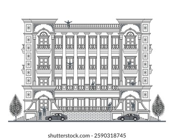 Facade of 4 storey symmetrical classical  building with 8 doors, 24 windows, 5 columns, crowns, frames, balustrade, canopy, stairs, balcony and curve elements.