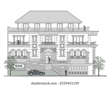 Facade of 4 storeys symmetrical modern classic building with 3 doors, 19 windows, 13 columns, long balustrade, frames, decoration, stairs, crowns, canopy, trapezoidal roof and its elements design.