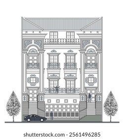 Facade of 4 storeys symmetrical modern classic house with 5 doors, 6 windows, 4 columns, balustrade, frames, decoration, stairs, crowns, canopy, roof and its elements design.