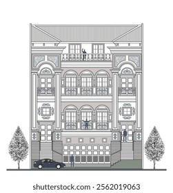 Facade of 4 storeys symmetrical modern classic house with 5 doors, 8 windows, 12 columns, balustrade, frames, decoration, stairs, crowns, canopy, triangular roof and its elements design.