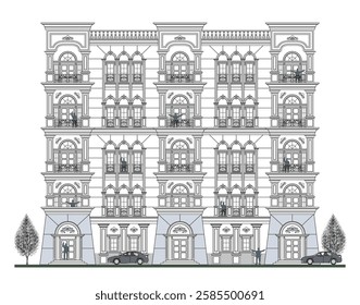 Facade of 5 storey symmetrical classical  building with 15 doors, 28 windows, crowns, frames, balustrade, stair, canopy, balcony, trapezoidal wall and its design elements.