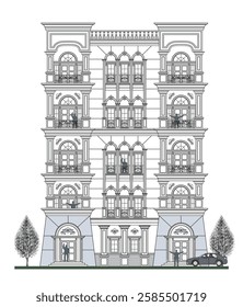 Facade of 5 storey symmetrical classical  building with 10 doors, 14 windows, crowns, frames, balustrade, stair, canopy, balcony, trapezoidal wall and its design elements.