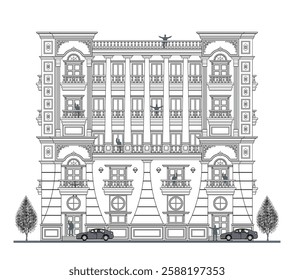 Facade of 5 storey symmetrical classical  building with 8 doors, 20 windows, 5 columns, crowns, frames, balustrade, canopy, balcony and curve elements.