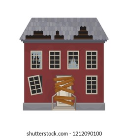 Facade of abandoned house with broken windows and roof. Door boarded up. Old building. Private home. Flat vector design