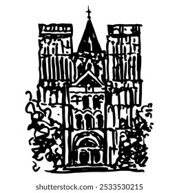 Facade of the Abbey of Sainte-Trinité, Caen, France. Gothic architecture. Hand drawn linear doodle rough sketch. Black and white silhouette.