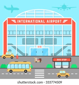 facade airport with bus stop. concept of infrastructure, aerodrome, flight arrival, airliner, transit, voyage, flight control, traffic, transfer. flat style trend modern design vector illustration