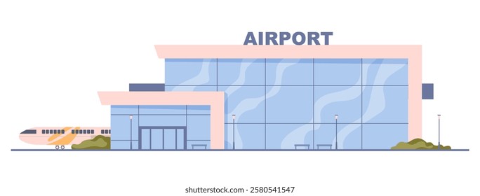 Facade of airport terminal. Vector flat cartoon, isolated aerodrome building exterior with simple geometric design, landing runway and plane behind. Infrastructure for travelers and passengers