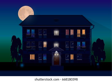 Facade of an apartment building. House at night. Retro architecture. Full moon night