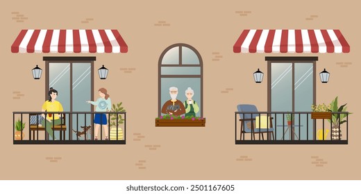 Facade of an apartment building. Mother and daughter on the balcony. Teenager playing with a puppy. Grandfather and grandmother standing by the window with a cat. Balcony with an armchair and a table