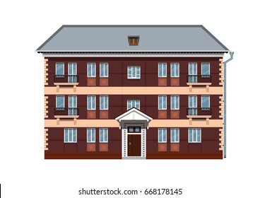 Facade of an apartment building on white background. Retro architecture.