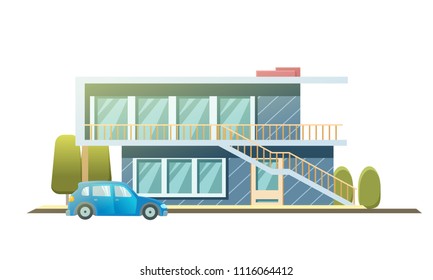 Facade apartment house, cottage. flat style background of trees, car. Architecture cottage building. Suburban house with car. Flat style vector illustration isolated