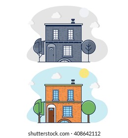 Facade of an apartment house with lawn and trees. Two-story house.  Monochrome vector illustration. Color vector illustration. Cottage family. Advertise property