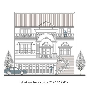 Facade of asymmetrical 3 storey classic building with big garage, 2 columns, 2 doors, 5 windows, a stair and a crowns.