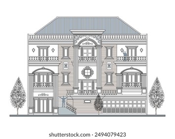 Fassade aus asymmetrischem 3-stöckigen klassischen Gebäude mit 3 Kronen, 6 Säulen, 4 Türen, 7 Fenstern.
