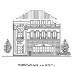 Facade of asymmetrical  3 storeys classic house with a garage, 2 main columns, 
2 doors, 5 doors, 9 windows, a crown and trapezoidal roof. 