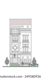 Facade of asymmetrical 4 storeys classic building with a garage, 2 columns, 2 doors, 2 windows, stair and a crowns