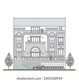 Facade of asymmetrical  4 storeys classic house with a garage, main columns, 2 doors, 9 windows, a stair, 2 crowns and a trapezoidal element