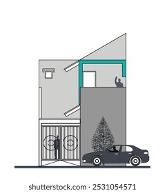 The facade of an asymmetrical minimalist house design is dominated by solid walls, witha door, small window and a triangular roof.