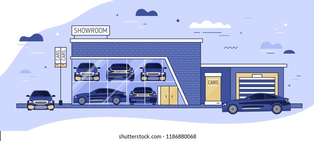 Facade of auto showroom or vehicle local distribution and automobiles parked beside it. Modern building of car dealership with window. Automotive retail. Colorful vector illustration in flat style.