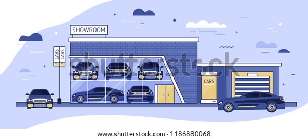 Facade of auto showroom or vehicle local\
distribution and automobiles parked beside it. Modern building of\
car dealership with window. Automotive retail. Colorful vector\
illustration in flat\
style.