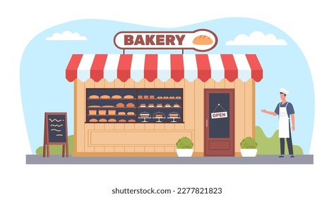 Facade of bakery building with sign. Open new cafe or shop. Happy male baker. Front view house facade with door, windows and signboard. Cartoon flat isolated illustration. Vector concept