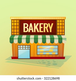 Facade bakery shop, beautiful bright cartoon house in the street environment, vector illustration isolated on background