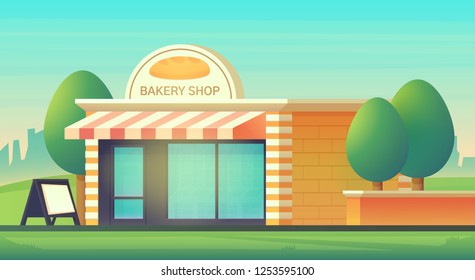 The facade of the bakery shop. Cafe building. Vector flat illustration.