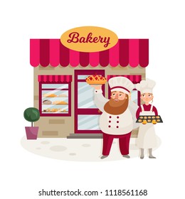 The facade of a bakery shop. Illustration of bakers. A man with a beard represents a freshly baked pie. A girl holding a tray with cookies