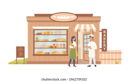 Fassade der Bäckerei-Shop, Verkäufer Käufer, Gebäude Fassade Außenfassade, Menschen Einkäufer und Bäcker-Verkäufer. Vektorgeschäft mit Backwaren, Brotmarkt mit Schild, Backcafé, Nachtisch-Supermarkt