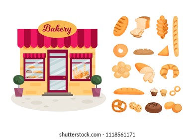 The facade of a bakery shop. Set of bread products.