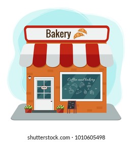 The facade of a bakery shop. Vector flat illustration.