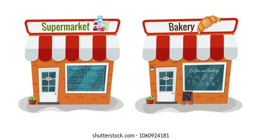 The facade of a bakery shop. Vector illustration of grocery store. Supermarket illustration.  Vector flat illustration.