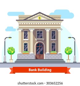 Facade of a bank building with columns. Flat style vector illustration isolated on white background.