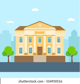 Facade of a bank building with columns. Flat  vector illustration.