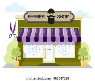 Facade barbershop. Signboard with emblem, awning and symbol in windows. Concept front shop for design banner or brochure. image in a flat design. Vector illustration isolated on white background