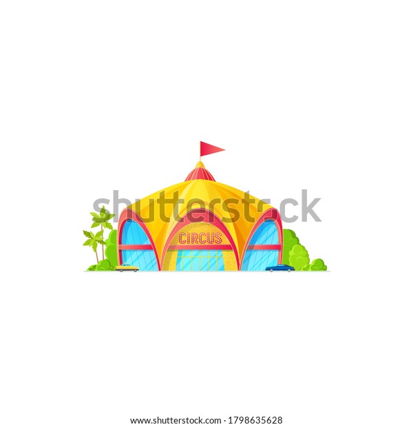 Facade of big top circus, flag on roof isolated\
building exterior with parking zone. Vector marquee awning with\
flag on roof, entertainment or performance arena, amusement shed,\
palm trees and bushes