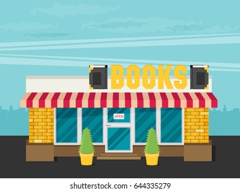 Facade of books shop flat vector.