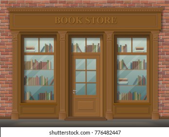 Facade Of Bookstore, Front View. Wooden Pilasters, Classic Style. Detailed Vector Realistic Illustration.