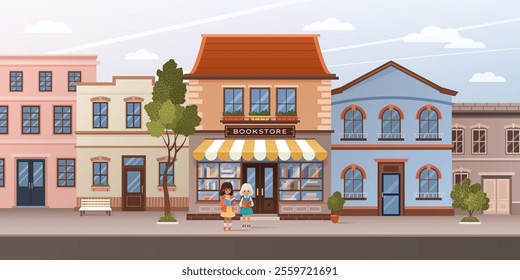 Facade of bookstore on city street. Urban landscape with buildings, apartments, road, sidewalk. Scene of two little girls reading and standing near book shop in house. Horizontal vector illustration.