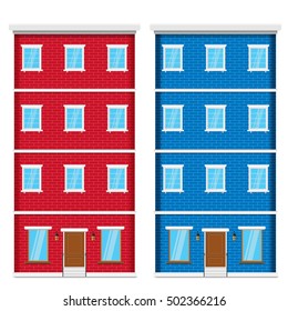 facade of a brick house. blue and red. vector illustration