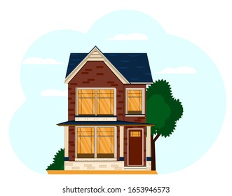La fachada de una casa de ladrillo en un estilo plano. Edificio de dos plantas con un árbol y arbustos verdes sobre un bello fondo con nubes.Ilustración vectorial