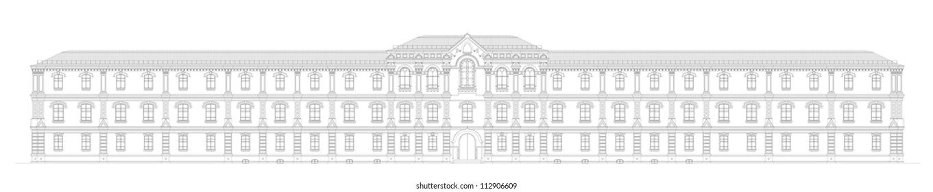 The facade of the building