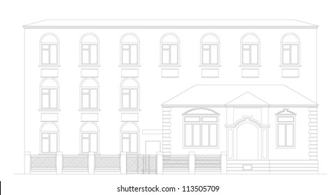 The facade of the building