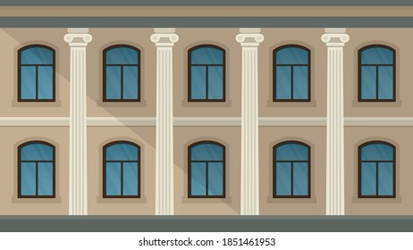 Facade building with ancient columns.  Front view classical public building, government or museum. Vector illustration.