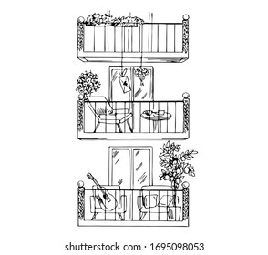 Facade of a building with balconies. Flowers, lemon tree, guitar, bouquet. Quarantined love in line art style.